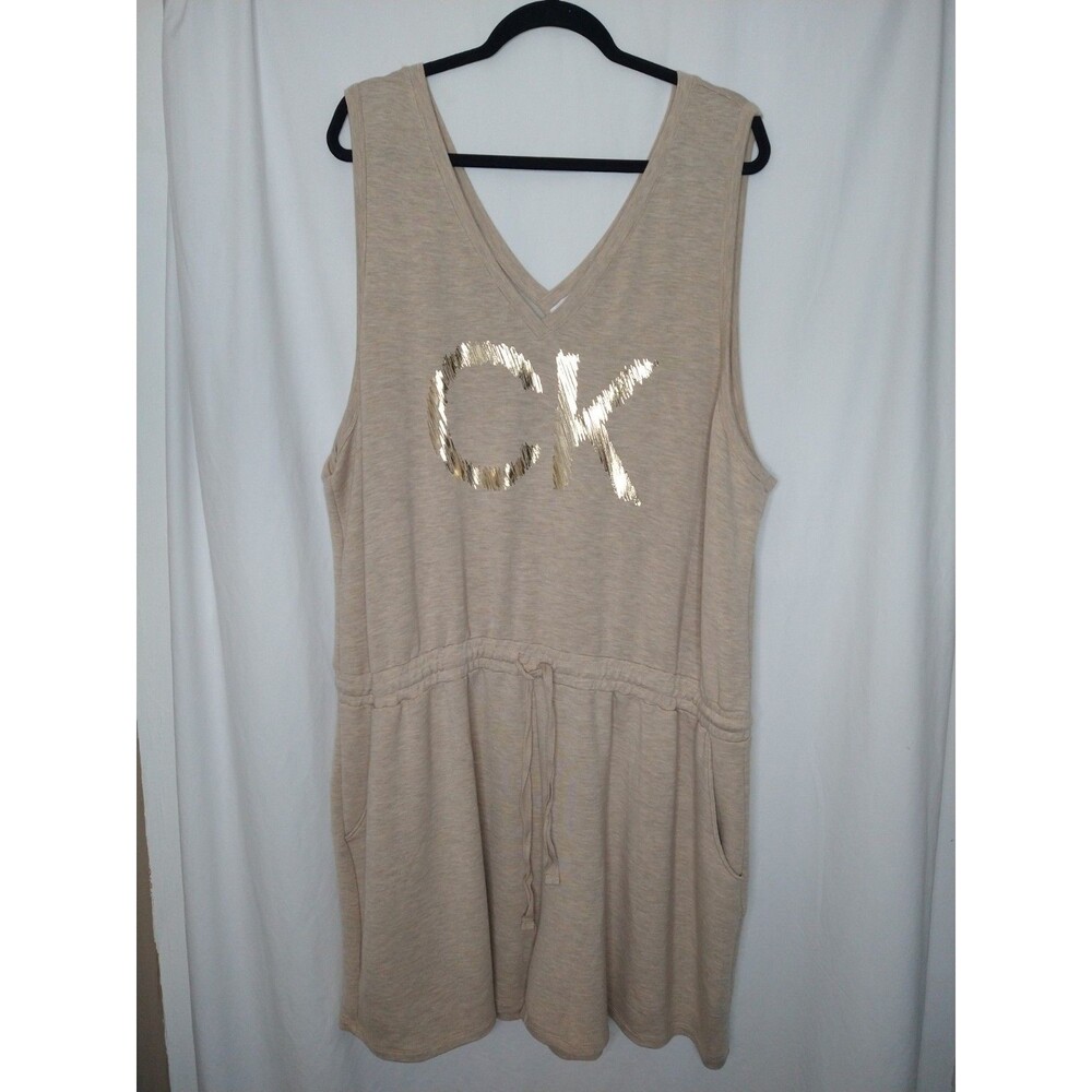 Calvin Klein Womens 3X Sleeveless V Neck Romper Tie Waist Shorts Tan brown Beige